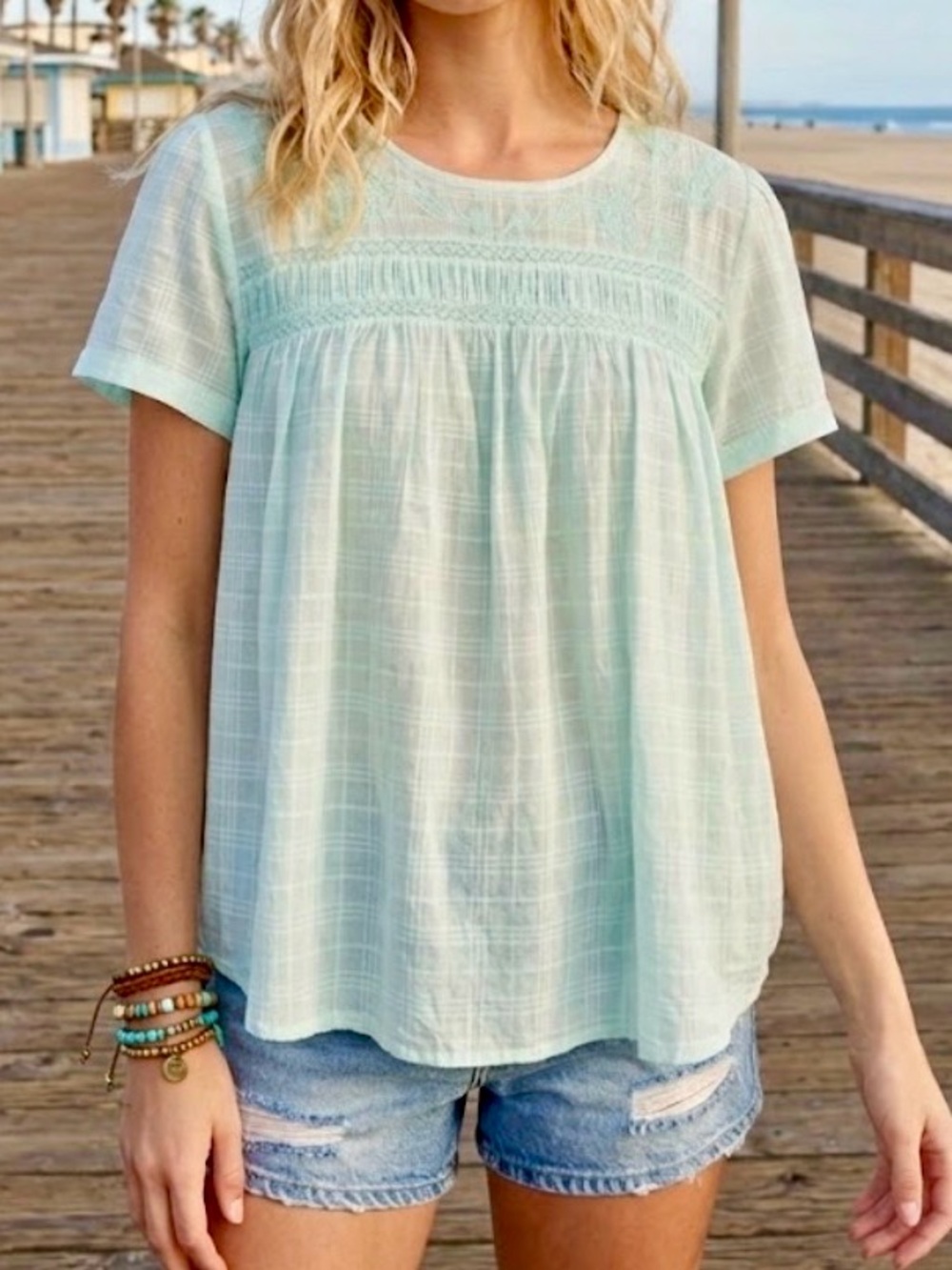 Babydoll Boho Women's Embroidered Crew Neck Knit Top Green Size L (42 Euro)